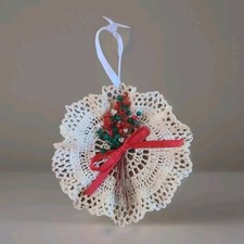Vintage Starched Crochet Doily Christmas Ornament Handmade Dried Flowers 5 In