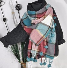 NEU FLAUSCHIGER XXL SCARF SCHAL KARO PLAID TARTAN KARIERT ECHTPELZ BOMMEL P