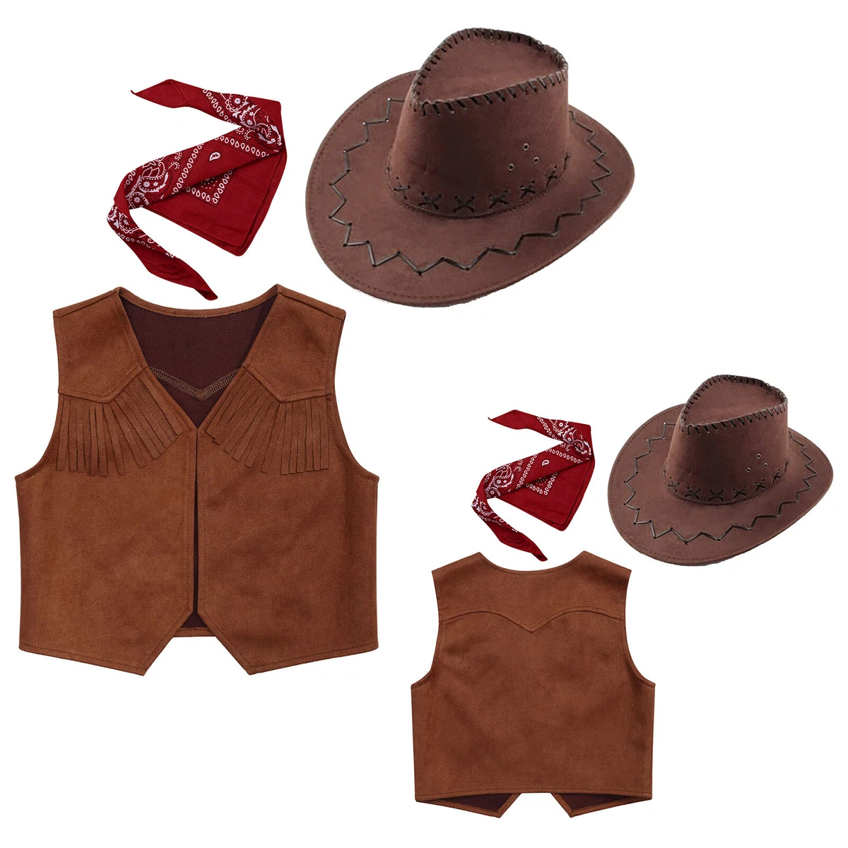 Kids Boys Western Cowboy Costume Suede Vest Hat Bandanna Cosplay Party  Outfits