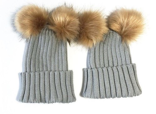 Doble PomPomInvierno Cálido Mamá + Recién Nacido Bebé Niño Niña Sombreros Tejido Bola de Pelo Gorro Gorra - Imagen 5 de 20