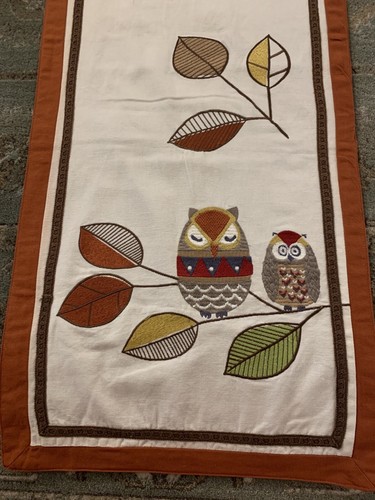 Vintage Cotton Canvas Embroidered Owls Leaves Table Runner~The Company Store~83” - Picture 10 of 12