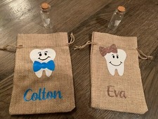 Burlap Boy or Girl Personalized Tooth Fairy Bag With Glass Tooth Vial