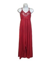 Vintage Long Red Nylon Lace Slip Dress Nightgown with Empire Waist Split Front