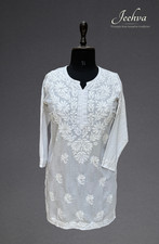 Women  s White Cotton Kurti Top  Chikankari Hand Embroidered Short Tunic Jeehva