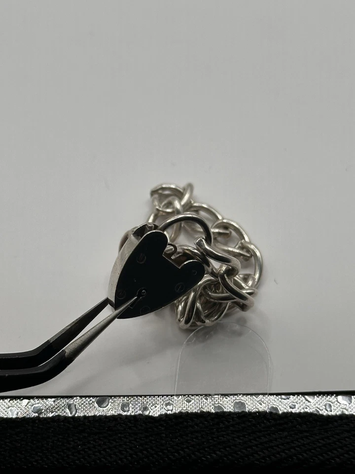 VINTAGE GEORG JENSEN Sterling Silver Charm Bracelet Heart Padlock GJLD Curb 6.5" - Image 4 of 4