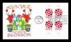 US COVER FIRST DAY OF ISSUE BLOCK OF 4 LOVE HEARTS BLOSSOM PANDA CACHET