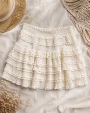 Girls Boho White Ruffle Tiered Mini Skirt Cottagecore Festival Elastic Waist S