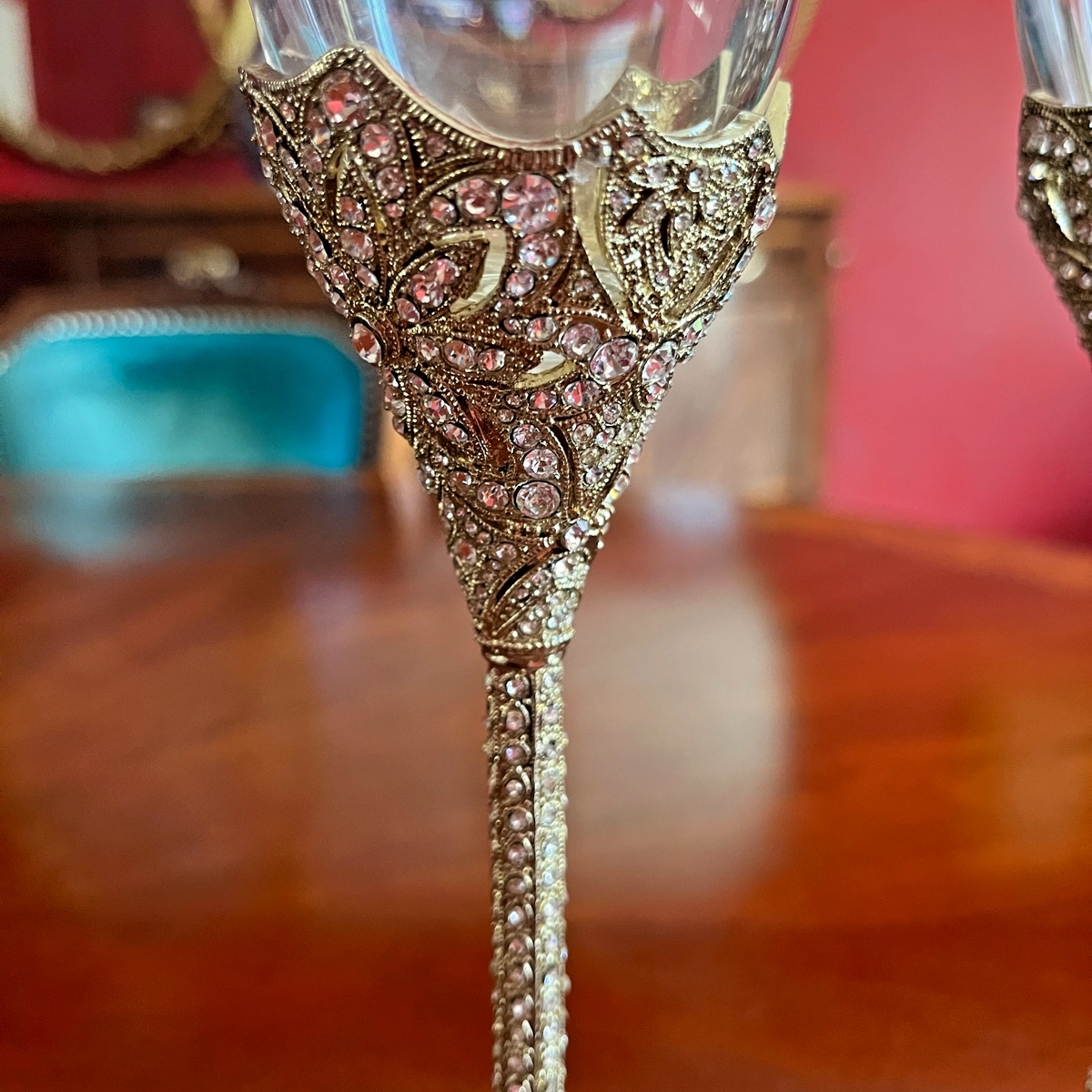 Swarovski Crystal Encrusted Champagne Flutes Set 2 Ornate Gold