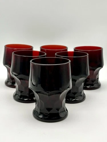 6 Vintage Anchor Hocking Ruby Red Glass Georgian Honeycomb 4”  9oz Tumblers