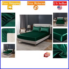 Blackish Green Satin Fitted Sheet Queen Size Deep Pocket Ultra Soft