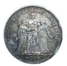 1876 A  France 5 Francs 0.900 Silver Hercules KM # 820.1
