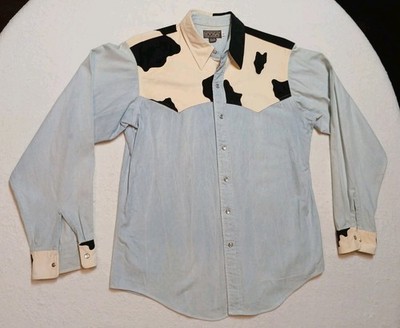 Vtg 90s Noosa Cow Print Denim Western Shirt Pearl Snap Colorblock Made in USA L