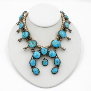 Southwest Sterling Turquoise Bench Bead Squash Blossom 25 Inch Necklace #S4395 2