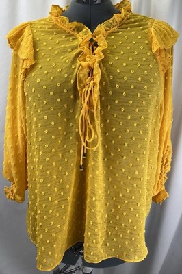 Anthropologie Women s 2X Peasant Top Mango Yellow Swiss Dot Ruffle Blouse
