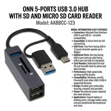 onn 5-Port USB 3.0 Hub with SD  microSD Card Reader
