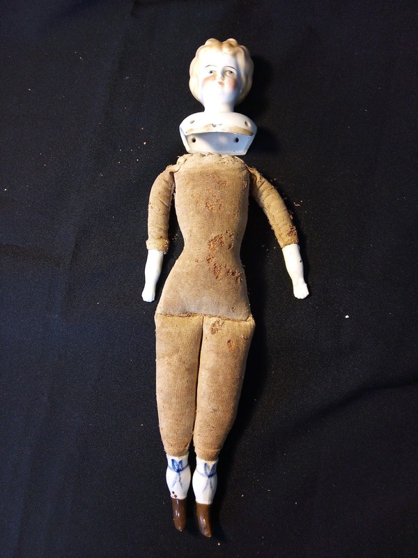 Antique 13" German China Head Doll Porcelain Arms Boots Cloth Sawdust Fill Body
