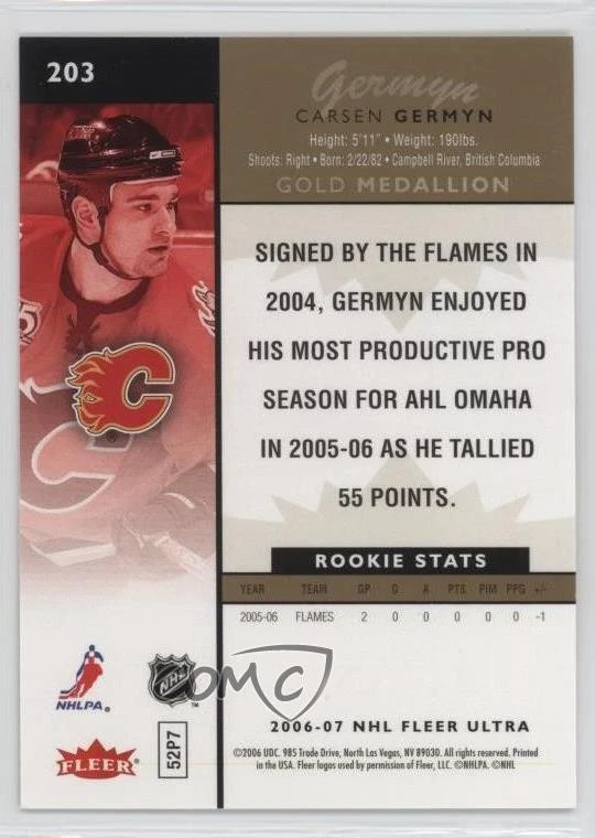 2006-07 Fleer Ultra Rookie Gold Medallion Carsen Germyn #203 Rookie RC - Image 2 of 2
