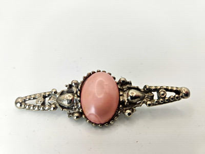 Vintage rosa Katzenauge Kunst Glas Stab Brosche silberfarben 60er 70er Schmuck