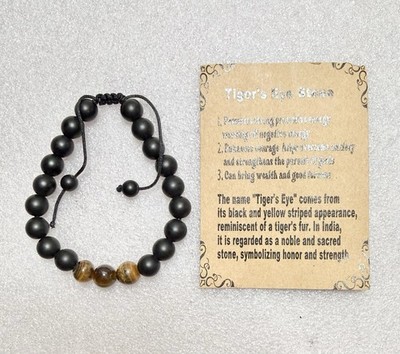 New In Package W/Card TIGERS EYE & Black 8mm Beaded Adjustable String Bracelet