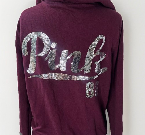 Victoria's Secret PINK Sequin Bling Silver Shine Hoodie Vintage Sweatshirt M Y2K - Picture 5 of 6