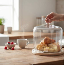 SET HOLZ TELLER PLATTE WOODEN PLATE GLASGLOCKE GLAS GLASS DOME CLOCHE VERRE 22cm