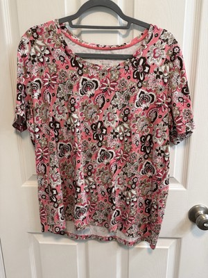 White Stag XXL Coral Brown Floral Top Short Sleeve Round Neck Runs Small