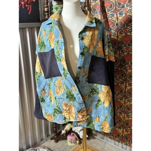 POL L Floral Tapestry Jacket Oversized Boho Artsy Blue Yellow Women's