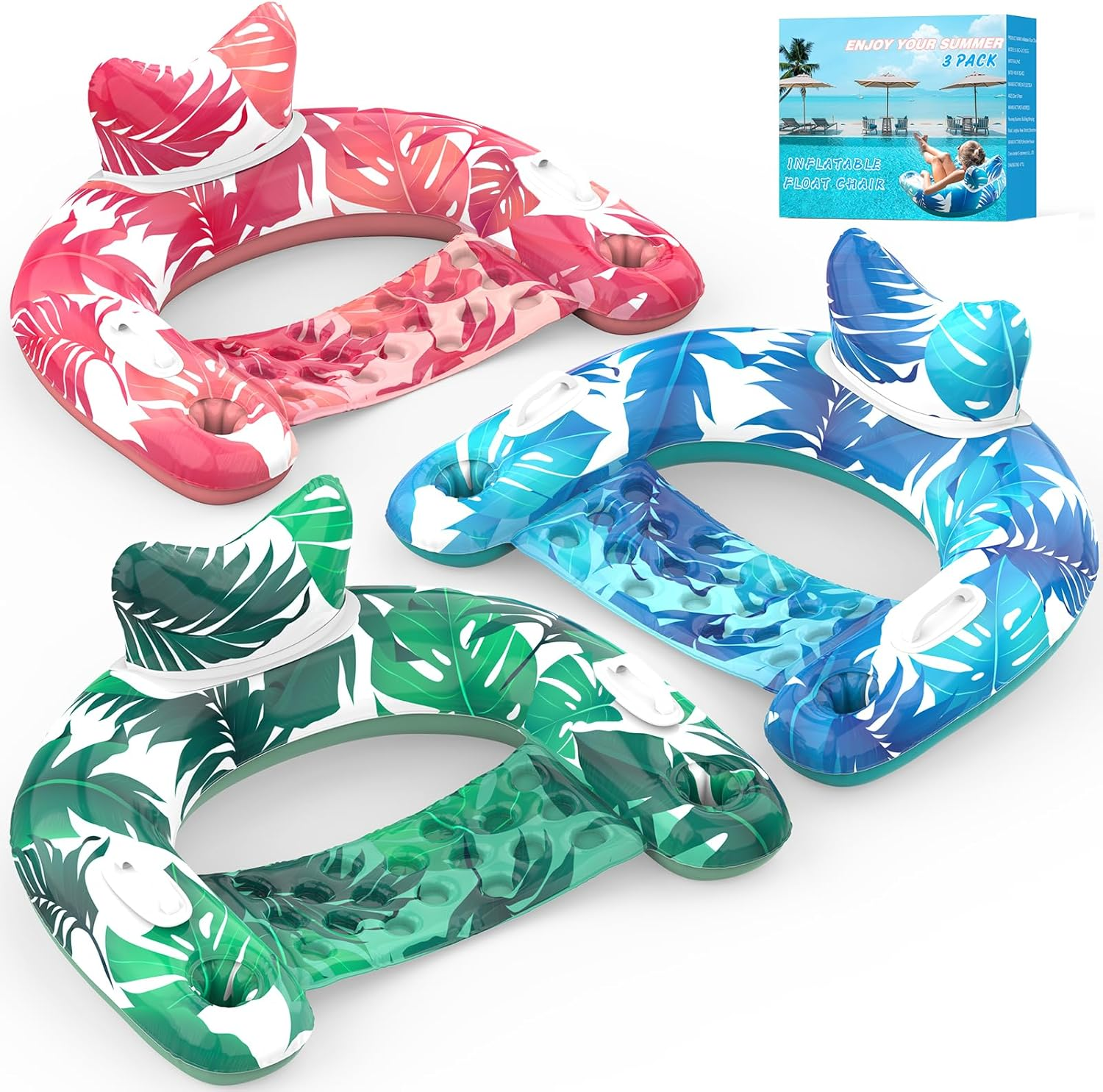 Pool Floats, 3 Pack Inflatable Pool Float Chairs with Cupholders & Handles, Pool