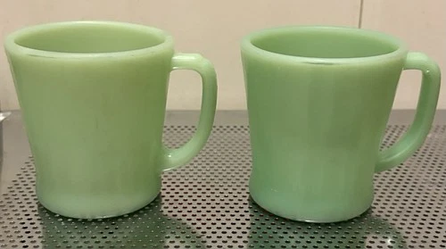 FIRE KING JADEITE Oven Ware RESTAURANT D HANDLE MUGS 2ct Set Lot