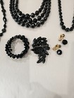 3 Antique Beaded Black Necklaces, 1 Brooch, 1 Bracelet, clip on Ear Rings — photo 2