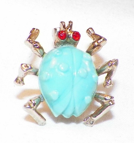 2 Spider Scatter Pins Rhinestone Eyes Blue Milk Glass Body Goldtone Metal Vintag - Picture 3 of 5