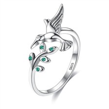 Swallow bird and leaves wrap adjustable 925 sterling silver ring