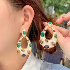 Women Boho Gold Plated Colorful Oval Cubic Zirconia Long Drop Earrings for Party