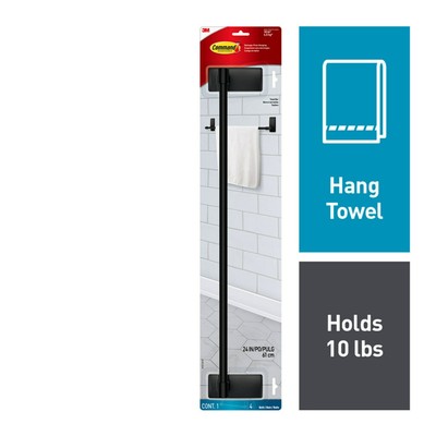 Command Bath Matte Black Towel Bar, Holds 10 lbs, 2 Large Strips