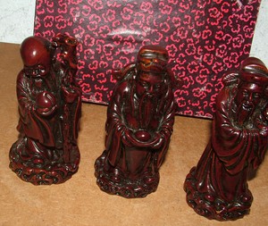 3 Vtg Antique Boxed Resin Chinese Immortal Figures
