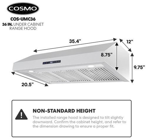 COSMO 36" W Undercabinet Ducted Range Hood w/ Internal 380 CFM Blower UMC36, NEW - Picture 10 of 14