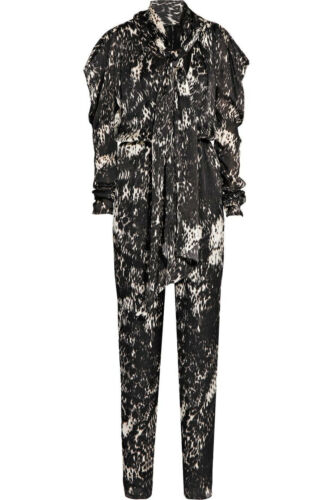 Lanvin printed silk-georgette jumpsuit with  pussycut bow SIZE 36 XS Black Ivory - Afbeelding 1 van 12