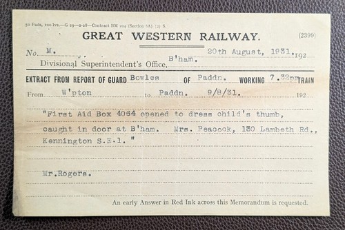 1931 GWR Birmingham Guard Report Extract Wolverhampton Paddington Train Incident