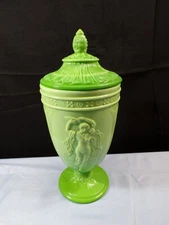 Fenton Chameleon Green Glass Dancing Ladies Covered Candy Dish