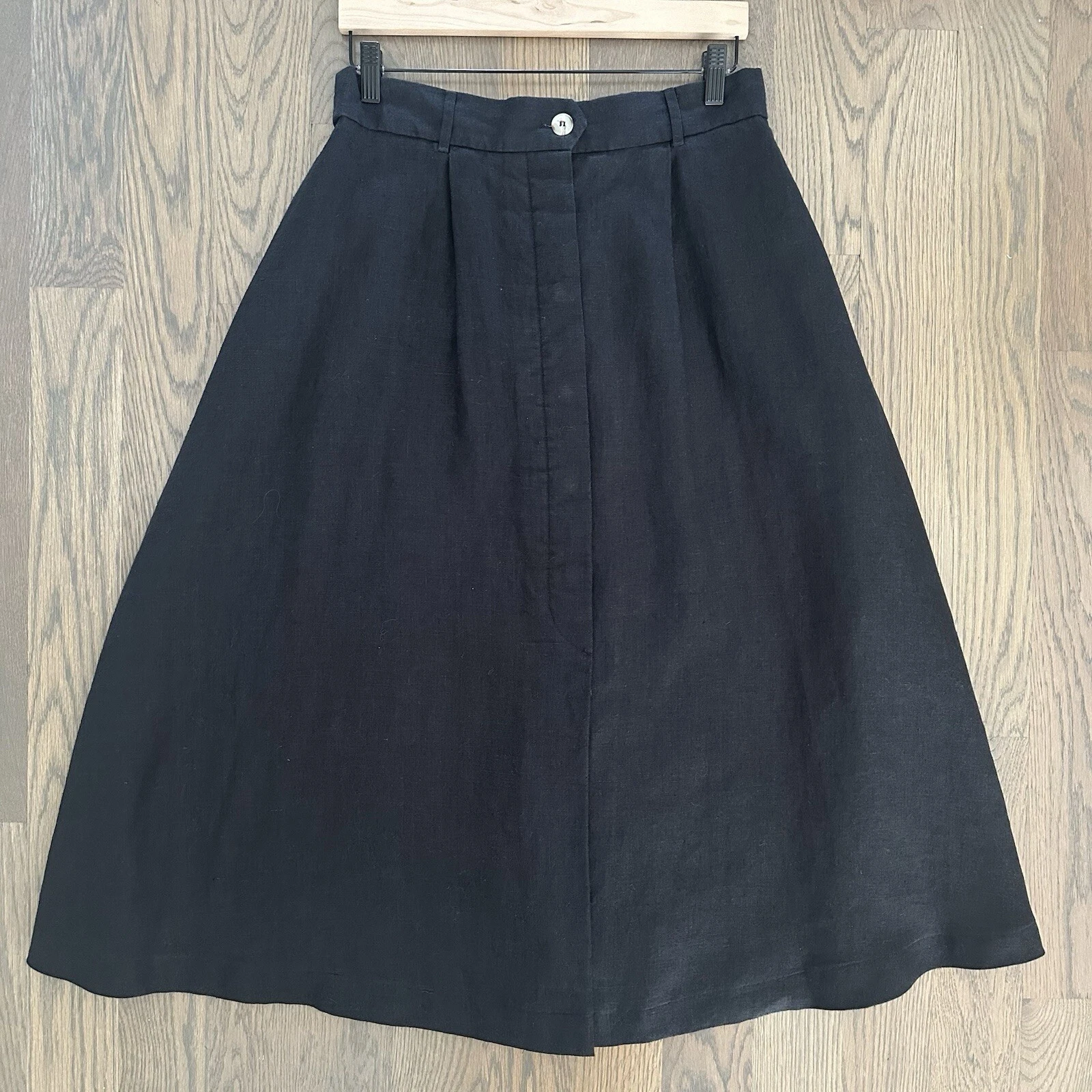 Vintage Saks Fifth Avenue High Waist A-Line 100% Linen Midi Skirt Black Large