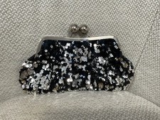 Black Silver Sequined Clutch Evening Bag Jumbo Kiss Closure 11 x 5.5