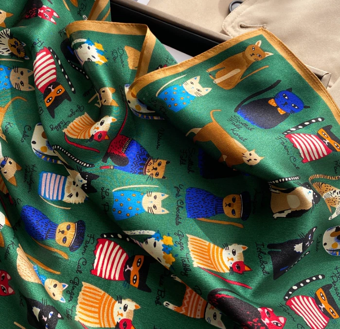 100% шелк шелковицы 20 «квадратный шарф женщин шейный платок надежном мультфильм Cat зеленый - Изображение 4 из 4