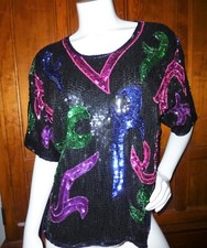 VTG 80s Colorful SEQUIN Silk Disco Glam Evening Party Formal dress TOP Blouse