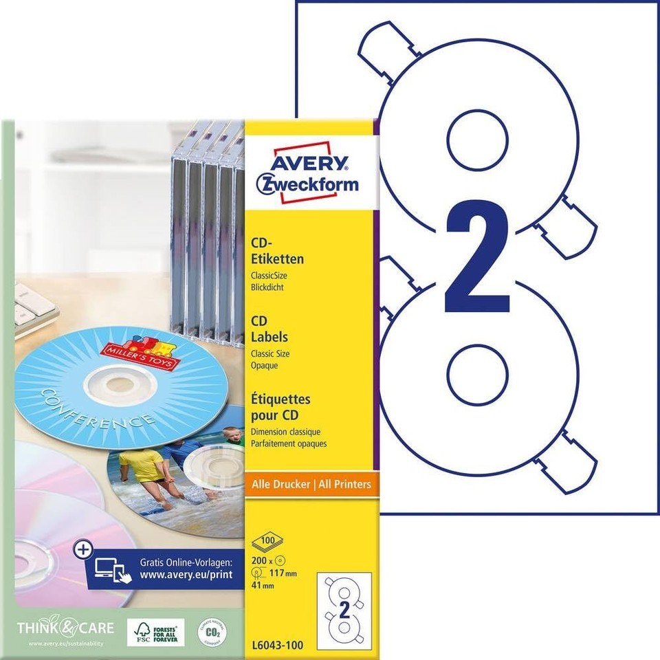 Avery L6043-100 Self-Adhesive CD Labels, 2 Labels Per A4 Sheet (US ...