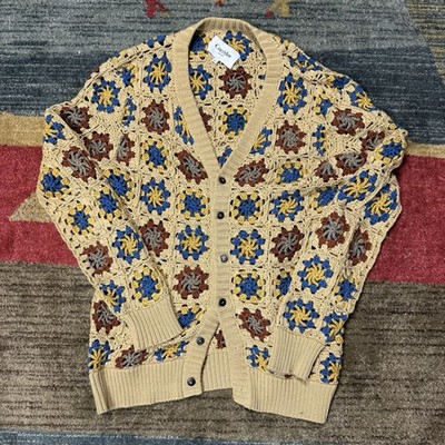 Corridor Crochet V-Neck Cardigan Large Floral Knit Sweater Yellow