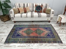 Vintage Turkish Rug Handmade Wool Pink Oushak 3.7x6.2 Ft Bedroom Rug