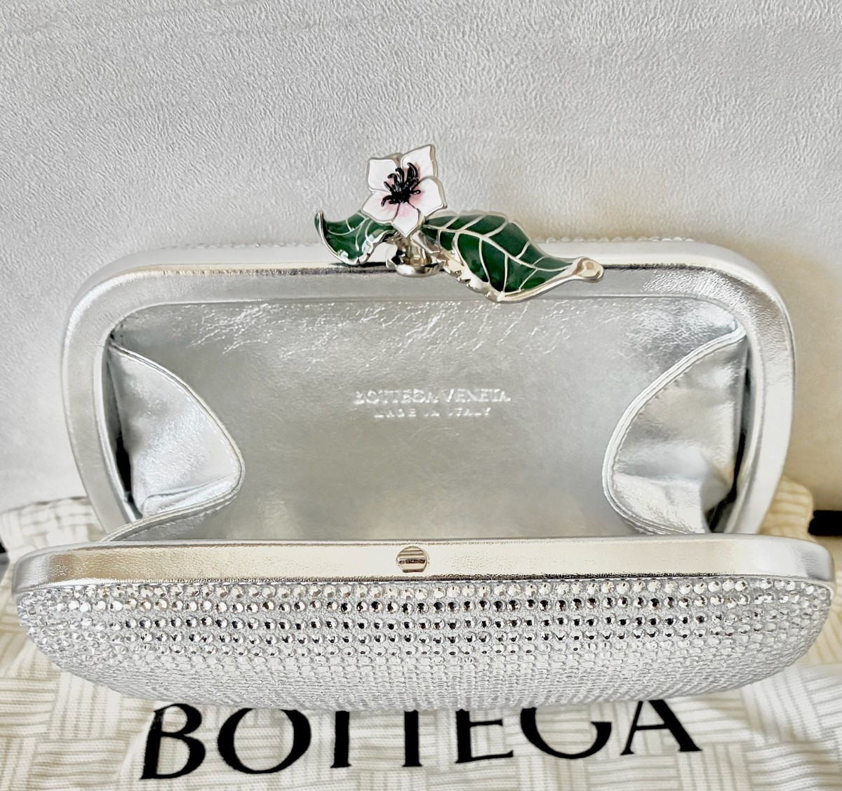Bottega Veneta Silver Knot Bag Crystal Flower Minaudiere Evening