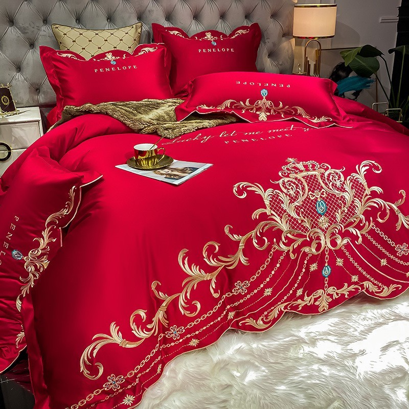 European/USA Style Embroidered Satin 4-piece-Set Pure-Cotton Bed Sheet ...
