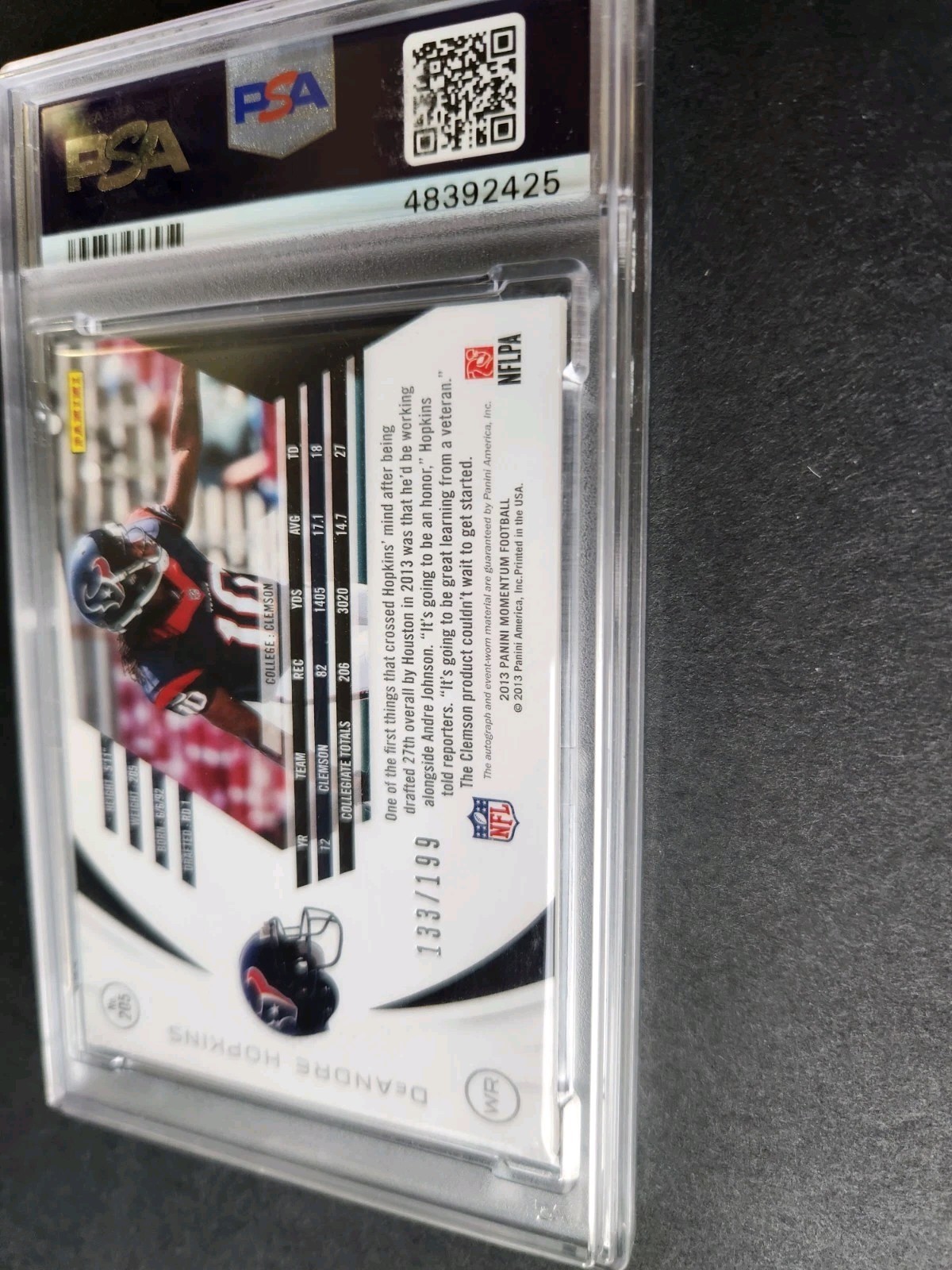 2013 Panini Momentum DeAndre Hopkins #205 Rookie Jersey Auto PSA 9 #/199 Pop 3 view 7