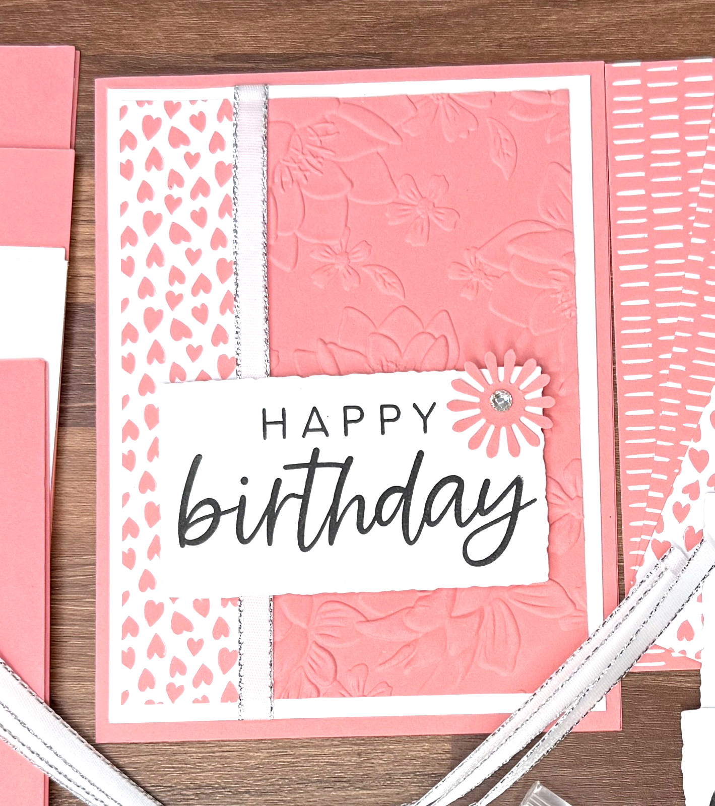 Stampin Up Card Kit Happy Birthday Embossed Layered hearts pink - makes 4 Cards